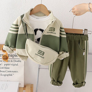 3 Pcs Set, Green Jacket, White T-shirt & Pants with Sling Bag for Kids - 3 - 4 Years Kids Clothing
