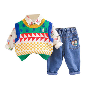 3 Pcs Set Multicolour Sweater Shirt And Denims Set For Toddler And Kids Winter And All Season Wear - 2 - 3 Years Kids Clothing
