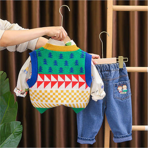 3 Pcs Set Multicolour Sweater Shirt And Denims Set For Toddler And Kids Winter And All Season Wear - 2 - 3 Years Kids Clothing