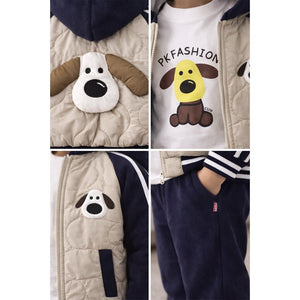 3 Pcs Set, Navy Beige Puffer Jacket, T-shirt & Tracksuits set for Kids, Fleece Winterwear - 1 - 2 Years Kids Clothing