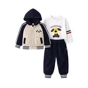 3 Pcs Set, Navy Beige Puffer Jacket, T-shirt & Tracksuits set for Kids, Fleece Winterwear - 1 - 2 Years Kids Clothing