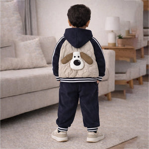 3 Pcs Set, Navy Beige Puffer Jacket, T-shirt & Tracksuits set for Kids, Fleece Winterwear - 1 - 2 Years Kids Clothing