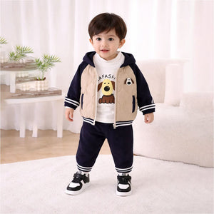 3 Pcs Set, Navy Beige Puffer Jacket, T-shirt & Tracksuits set for Kids, Fleece Winterwear - 1 - 2 Years Kids Clothing
