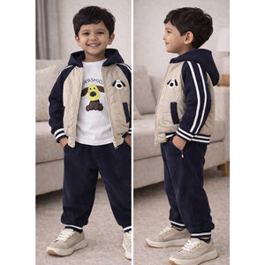 3 Pcs Set, Navy Beige Puffer Jacket, T-shirt & Tracksuits set for Kids, Fleece Winterwear - 1 - 2 Years Kids Clothing