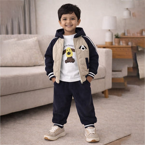3 Pcs Set, Navy Beige Puffer Jacket, T-shirt & Tracksuits set for Kids, Fleece Winterwear - 1 - 2 Years Kids Clothing