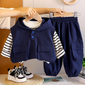 3 Pcs Set, Navy Blue Sleeveless Hoodie, Stripes T-shirt, & Pants for Kids - 3 - 4 Years Kids Clothing