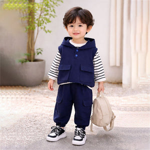 3 Pcs Set, Navy Blue Sleeveless Hoodie, Stripes T-shirt, & Pants for Kids - 3 - 4 Years Kids Clothing