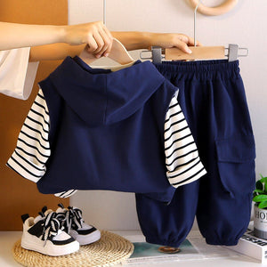 3 Pcs Set, Navy Blue Sleeveless Hoodie, Stripes T-shirt, & Pants for Kids - 3 - 4 Years Kids Clothing