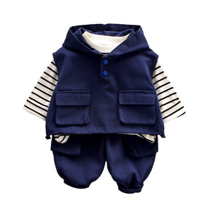 3 Pcs Set, Navy Blue Sleeveless Hoodie, Stripes T-shirt, & Pants for Kids - 3 - 4 Years Kids Clothing
