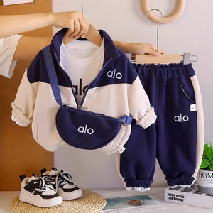 3 Pcs Set, Navy & Cream Tracksuit with and matching Sling Bag for Kids - 3 - 4 Years Kids Clothing