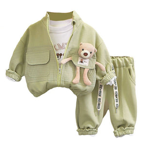 3 Pcs Set Olive Green Teddy Jacket Tshirt And Pants Set For Toddler And Kids Winter And All Season Wear - 2 - 3 Years Kids Clothing