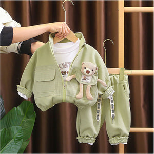 3 Pcs Set Olive Green Teddy Jacket Tshirt And Pants Set For Toddler And Kids Winter And All Season Wear - 2 - 3 Years Kids Clothing