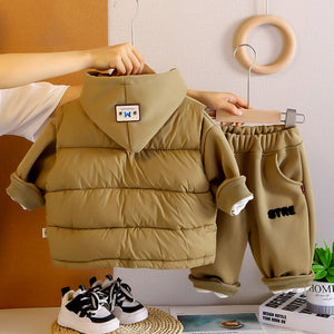 3 Pcs Set, Olive Long Ted Hoodie, Sleeveless Puffer Jacket with Pants for Kids, Winterwear - 2 - 3 Years Kids Clothing