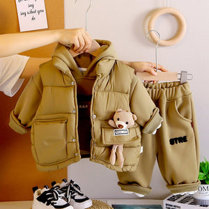 3 Pcs Set, Olive Long Ted Hoodie, Sleeveless Puffer Jacket with Pants for Kids, Winterwear - 2 - 3 Years Kids Clothing