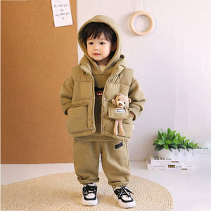 3 Pcs Set, Olive Long Ted Hoodie, Sleeveless Puffer Jacket with Pants for Kids, Winterwear - 2 - 3 Years Kids Clothing