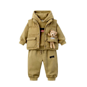3 Pcs Set, Olive Long Ted Hoodie, Sleeveless Puffer Jacket with Pants for Kids, Winterwear - 2 - 3 Years Kids Clothing