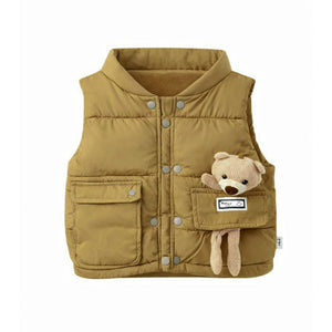 3 Pcs Set, Olive Long Ted Hoodie, Sleeveless Puffer Jacket with Pants for Kids, Winterwear - 2 - 3 Years Kids Clothing