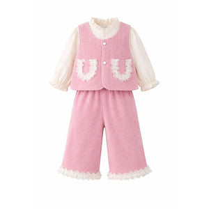 3 Pcs Set Pink Frill Pocket Vest,Shirt & Matching Pants for Girls - 3 - 4 Years Winter Wear