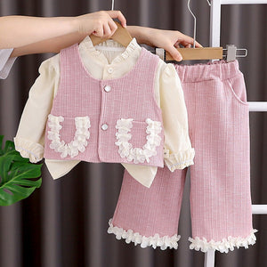 3 Pcs Set Pink Frill Pocket Vest,Shirt & Matching Pants for Girls - 3 - 4 Years Winter Wear