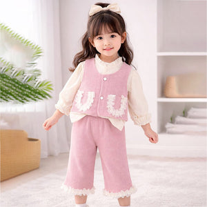 3 Pcs Set Pink Frill Pocket Vest,Shirt & Matching Pants for Girls - 3 - 4 Years Winter Wear