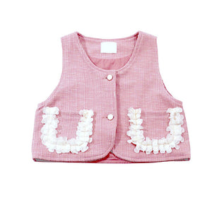 3 Pcs Set Pink Frill Pocket Vest,Shirt & Matching Pants for Girls - 3 - 4 Years Winter Wear