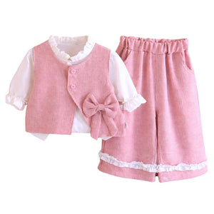 3 Pcs Set Pink Side Bow Jacket,Shirt & Matching Pants Partywear set for Girls - 2 - 3 Years Winter Wear