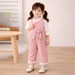 3 Pcs Set Pink Side Bow Jacket,Shirt & Matching Pants Partywear set for Girls - 2 - 3 Years Winter Wear