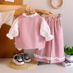 3 Pcs Set Pink Side Bow Jacket,Shirt & Matching Pants Partywear set for Girls - 2 - 3 Years Winter Wear