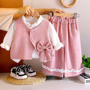 3 Pcs Set Pink Side Bow Jacket,Shirt & Matching Pants Partywear set for Girls - 2 - 3 Years Winter Wear