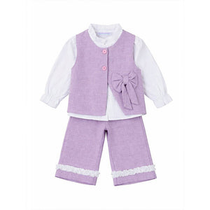 3 Pcs Set Purple Bow Jacket, Shirt & Matching Pants Partywear set for Girls - 2 - 3 Years Winter Wear