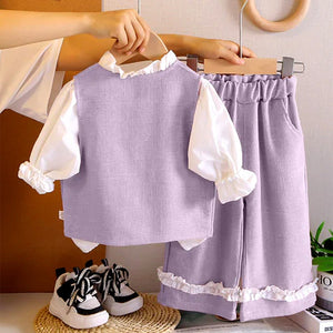 3 Pcs Set Purple Bow Jacket, Shirt & Matching Pants Partywear set for Girls - 2 - 3 Years Winter Wear