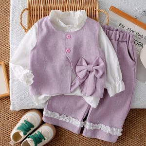 3 Pcs Set Purple Bow Jacket, Shirt & Matching Pants Partywear set for Girls - 2 - 3 Years Winter Wear