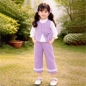 3 Pcs Set Purple Bow Jacket, Shirt & Matching Pants Partywear set for Girls - 2 - 3 Years Winter Wear