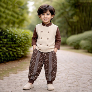 3 Pcs Set,Beige Vest with Double Button Detailing,Dark Brown Shirt & Printed Pants for Kids - 3 - 4 Years Winter Wear