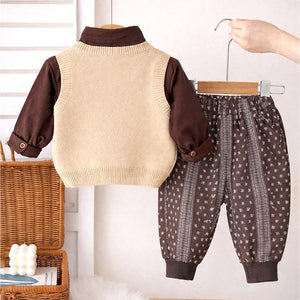 3 Pcs Set,Beige Vest with Double Button Detailing,Dark Brown Shirt & Printed Pants for Kids - 3 - 4 Years Winter Wear