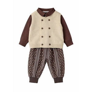 3 Pcs Set,Beige Vest with Double Button Detailing,Dark Brown Shirt & Printed Pants for Kids - 3 - 4 Years Winter Wear