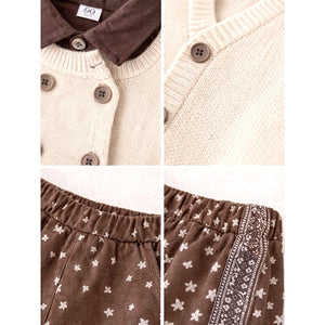3 Pcs Set,Beige Vest with Double Button Detailing,Dark Brown Shirt & Printed Pants for Kids - 3 - 4 Years Winter Wear