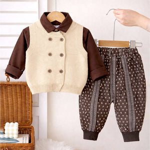 3 Pcs Set,Beige Vest with Double Button Detailing,Dark Brown Shirt & Printed Pants for Kids - 3 - 4 Years Winter Wear