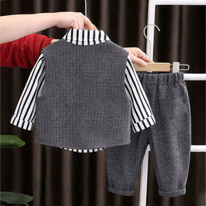 3 Pcs Set,Black Zig Zag Textured Vest,Shirt & Pants for Kids - 3 - 4 Years Winter Wear