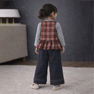 3 Pcs Set,Brown Checkered Peplum - Top,with T-shirt & Wide Leg Pants for Girls - 2 - 3 Years Winter Wear