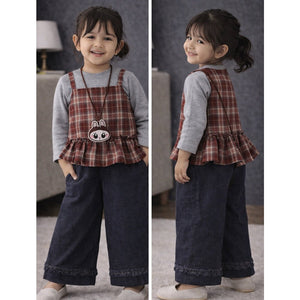 3 Pcs Set,Brown Checkered Peplum - Top,with T-shirt & Wide Leg Pants for Girls - 2 - 3 Years Winter Wear