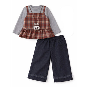 3 Pcs Set,Brown Checkered Peplum - Top,with T-shirt & Wide Leg Pants for Girls - 2 - 3 Years Winter Wear