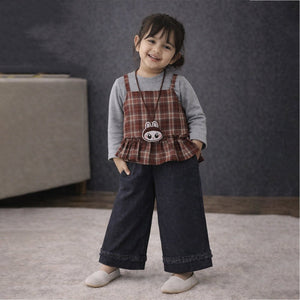 3 Pcs Set,Brown Checkered Peplum - Top,with T-shirt & Wide Leg Pants for Girls - 2 - 3 Years Winter Wear