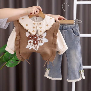 3 Pcs Set,Brown Peter Pan Collared Floral Knitted Cardigan,T-shirt,& Denims Partywear for Girls - 2 - 3 Years Winter Wear