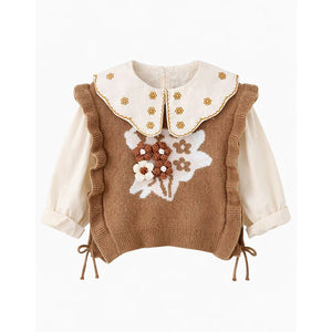 3 Pcs Set,Brown Peter Pan Collared Floral Knitted Cardigan,T-shirt,& Denims Partywear for Girls - 2 - 3 Years Winter Wear