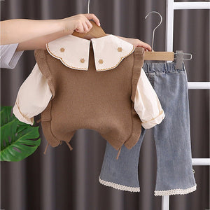 3 Pcs Set,Brown Peter Pan Collared Floral Knitted Cardigan,T-shirt,& Denims Partywear for Girls - 2 - 3 Years Winter Wear