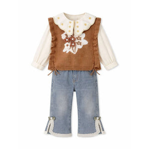 3 Pcs Set,Brown Peter Pan Collared Floral Knitted Cardigan,T-shirt,& Denims Partywear for Girls - 2 - 3 Years Winter Wear