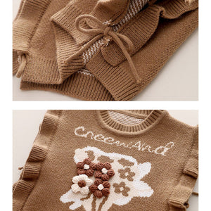 3 Pcs Set,Brown Peter Pan Collared Floral Knitted Cardigan,T-shirt,& Denims Partywear for Girls - 2 - 3 Years Winter Wear