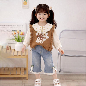 3 Pcs Set,Brown Peter Pan Collared Floral Knitted Cardigan,T-shirt,& Denims Partywear for Girls - 2 - 3 Years Winter Wear