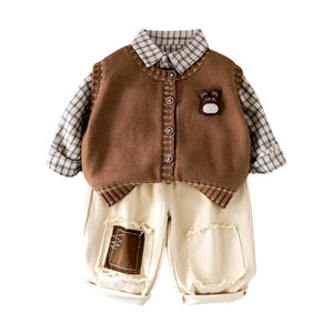 3 Pcs Set,Brown Teddy Vest,Checkered Shirt & Beige Pants for Kids - 2 - 3 Years Winter Wear